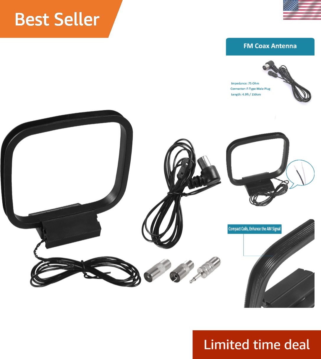 Portable 4.9ft 75 Ohm FM Coaxial Antenna with AM Loop - Indoor Radio Solution