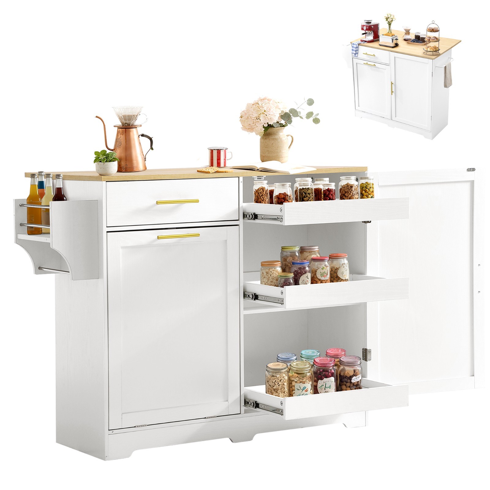 48" Kitchen Island with Drop Leaf and Storage Cabinet, Mobile Rolling Bar Cart