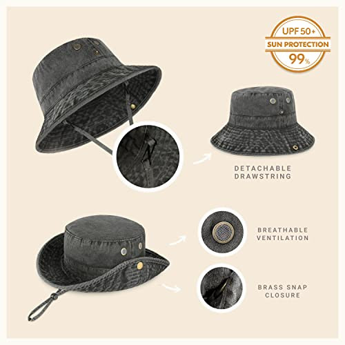 Classic Cotton Wide Brim Bucket Hat with Adjustable String One Size Charcoal