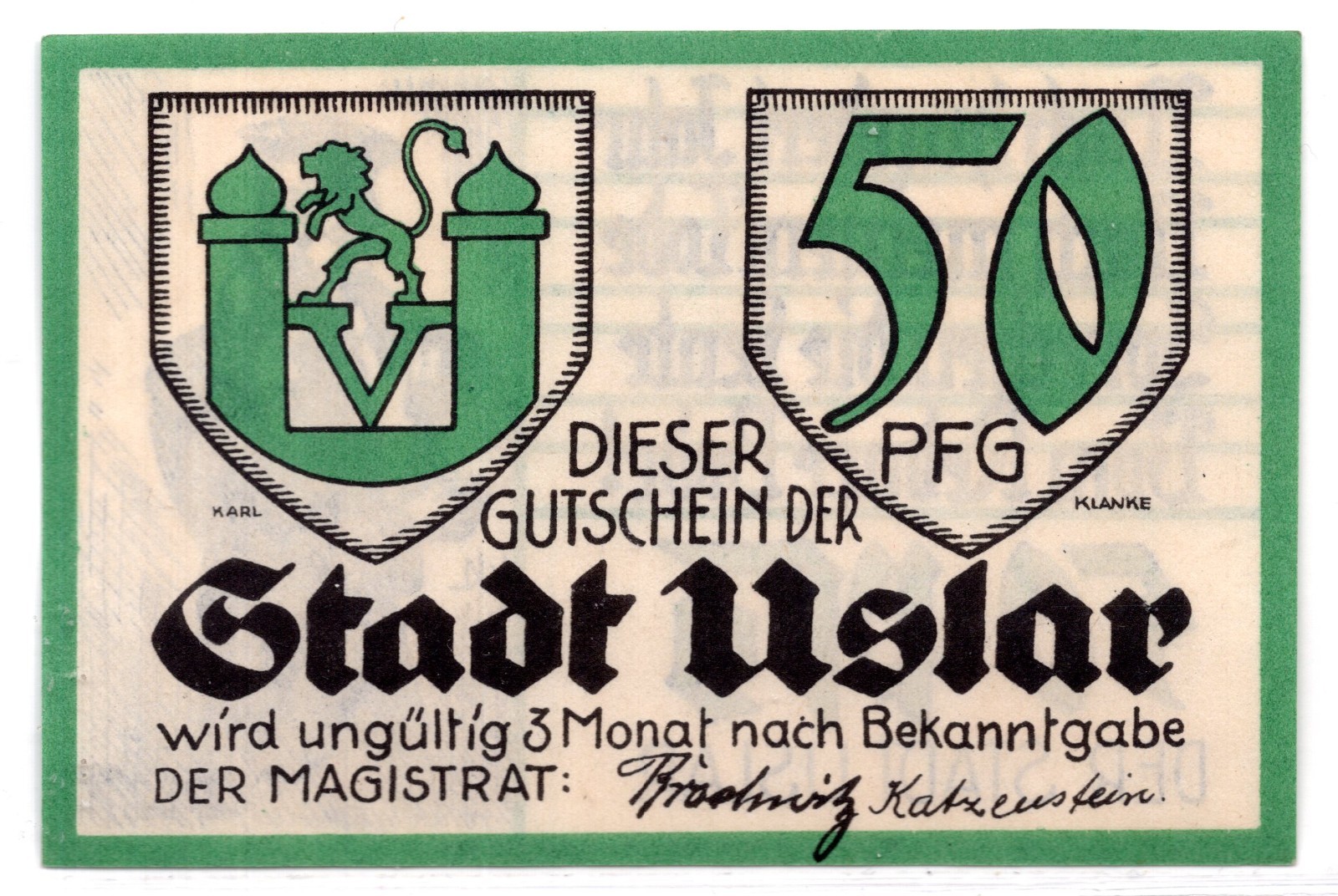 1921 Germany Uslar Notgeld 50 Pfennig Note (1792)