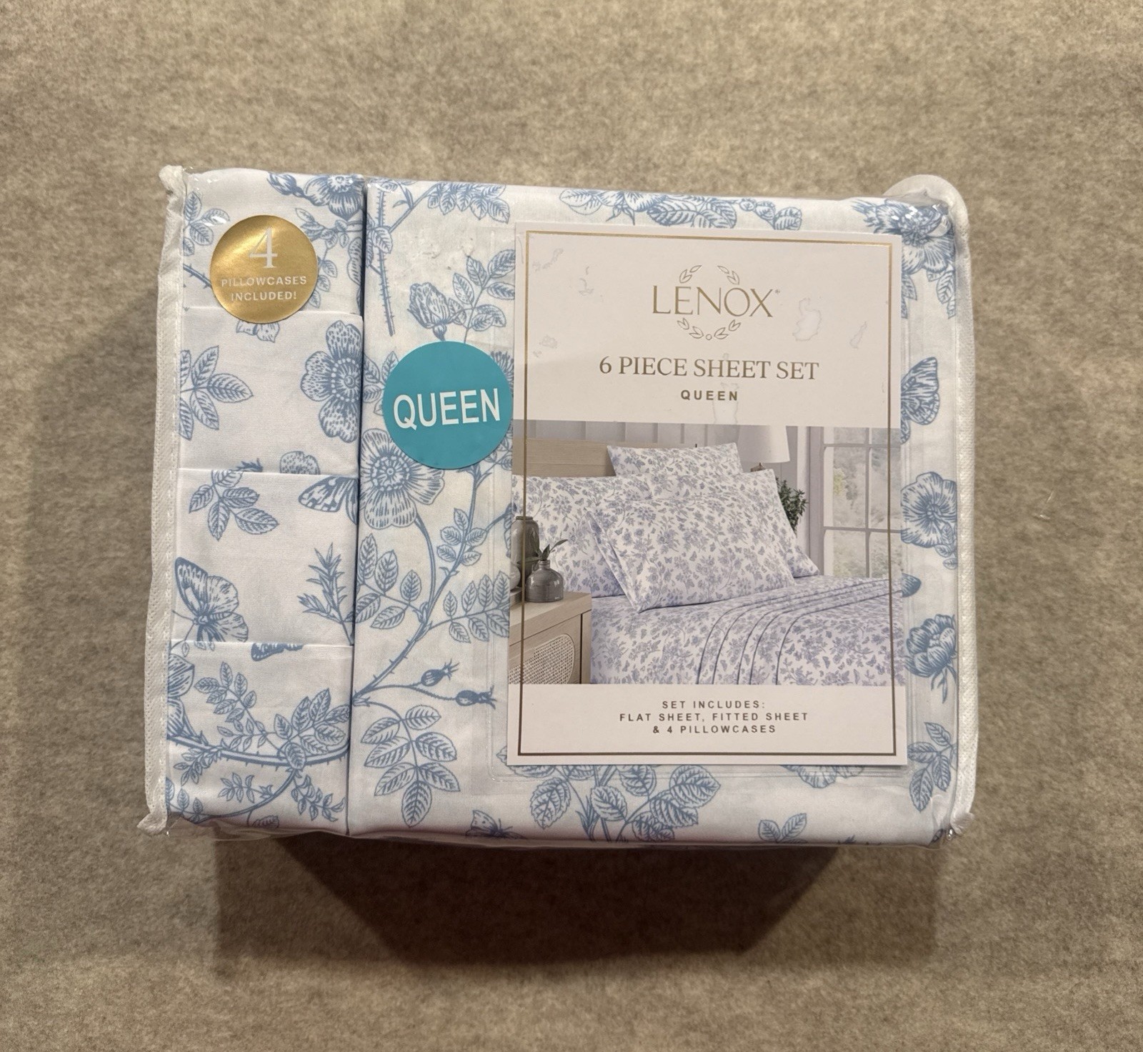 LENOX Blue & White Botanical Floral Vintage Print 6pc Queen Sheet Set Farmhouse
