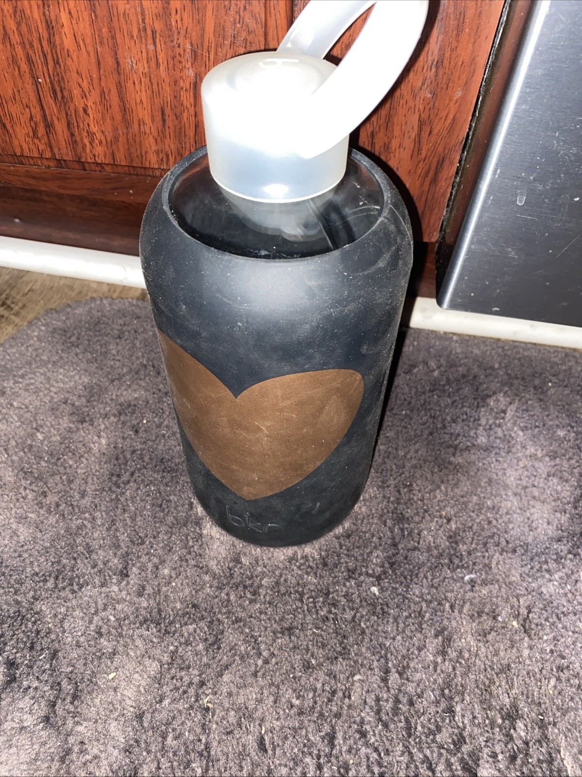 BKR Glass Water Bottle Black Silicone Sleeve in 1L/32oz With Gold Heart