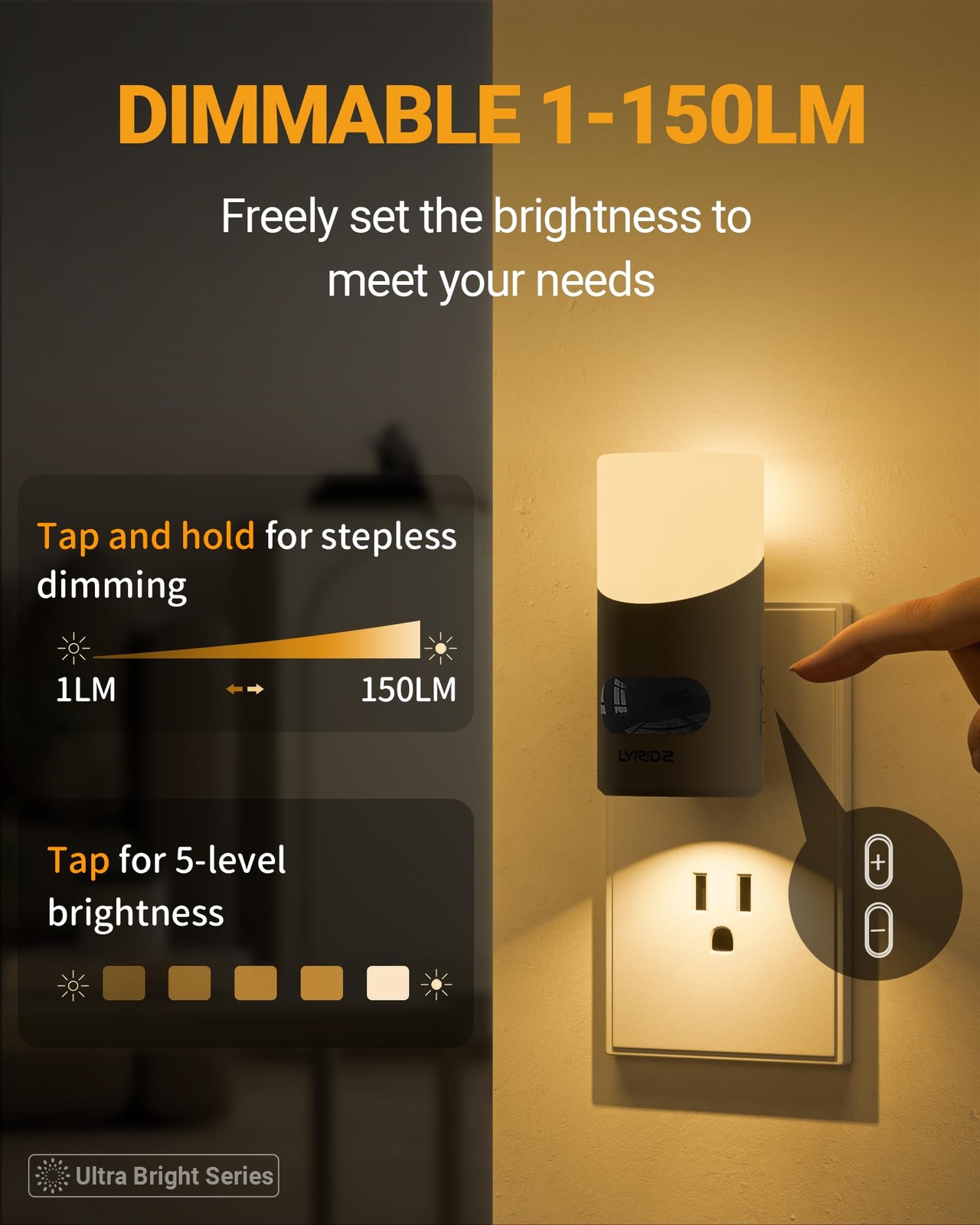 Lyridz LED Night Lights Plug into Wall with Motion Sensor, 1-150LM Dimmable P...