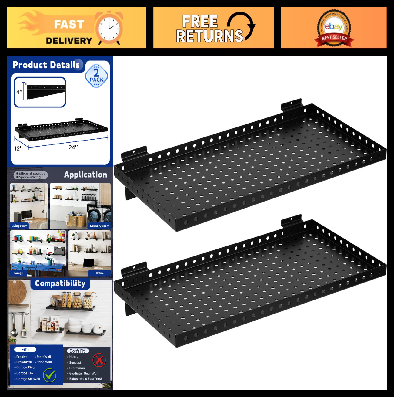 Heavy Duty 24x12 Inch Slatwall Shelf - Steel Storage Rack for Garage & Retail