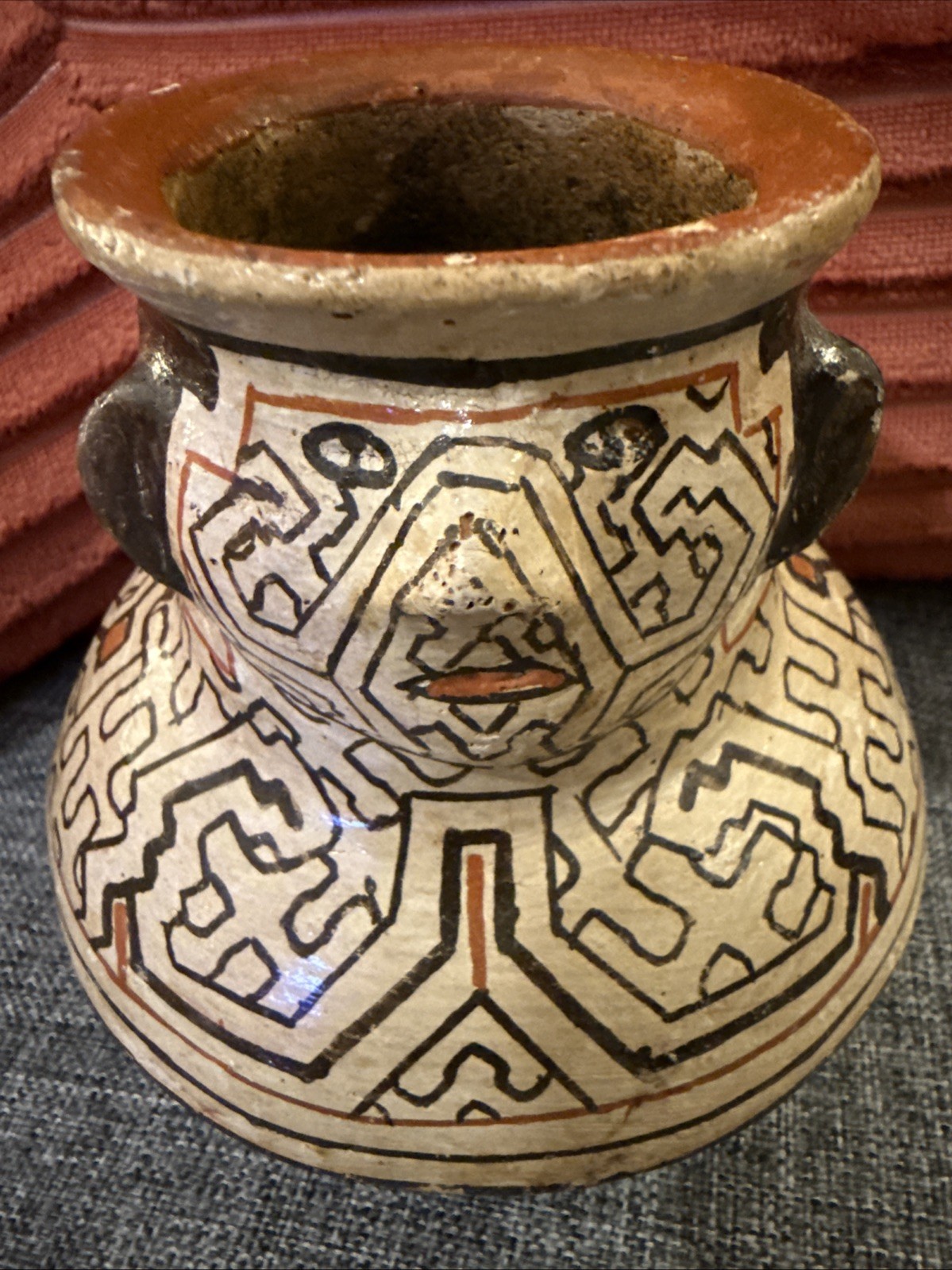 Vintage Peruvian Shipibo Conibo Hand Made Painted Face Clay Pottery Jug Peru 5.5