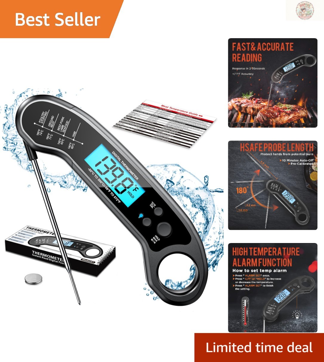 Instant Read Digital Meat Thermometer for Perfect BBQ & Cooking - Waterproof