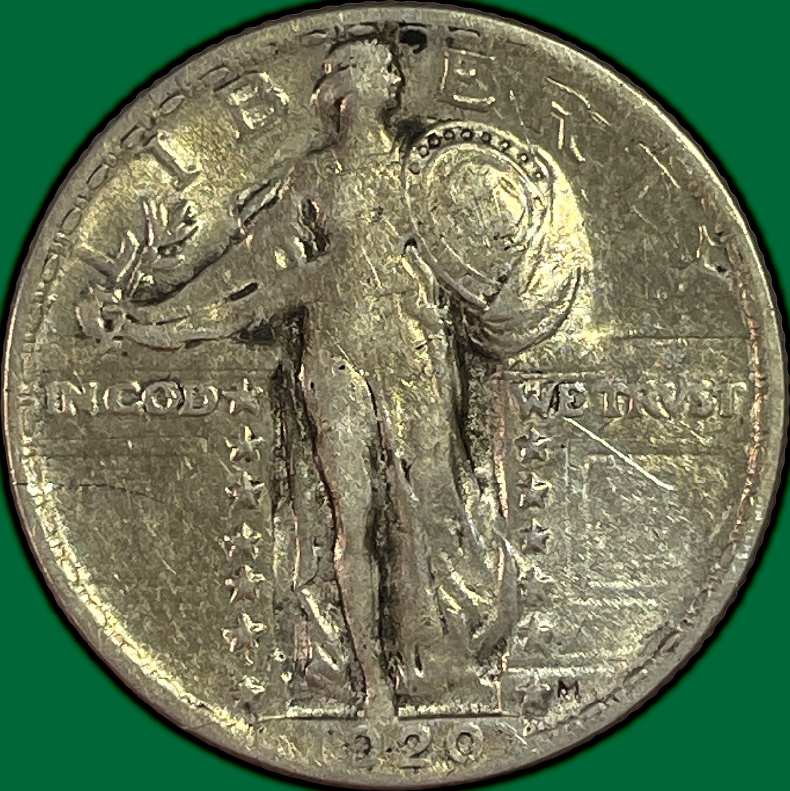1920 Standing Liberty Quarter Almost Uncirculated AU Coin, Scratch #41315