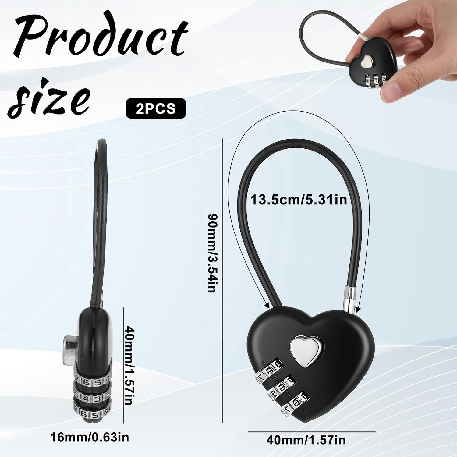 2 PCS 3 Digit Combination Padlock Heart Combination Locks Cute Combo Cable Lo...