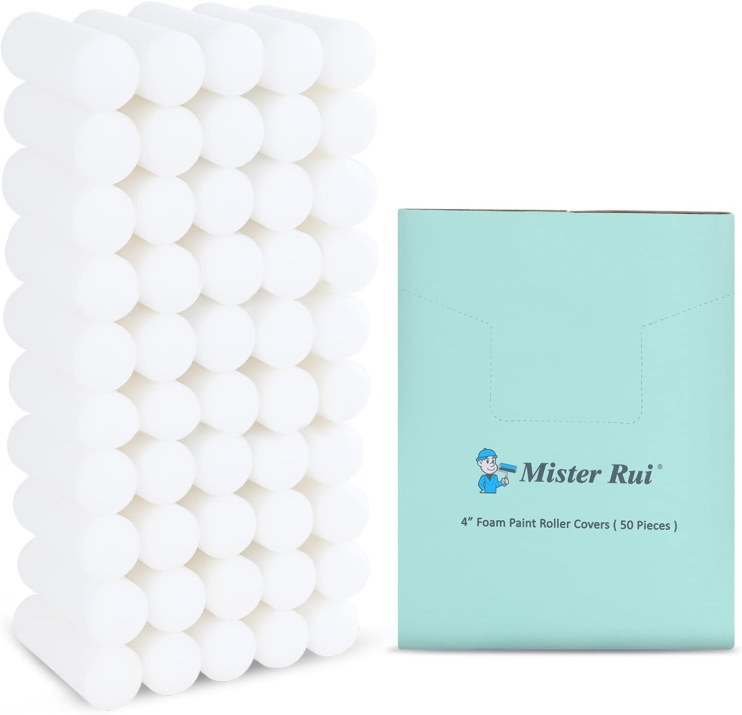 Mister Rui Foam Paint Roller, 50 Pack, 4 Inch 4 Inch,50 Blue Cap