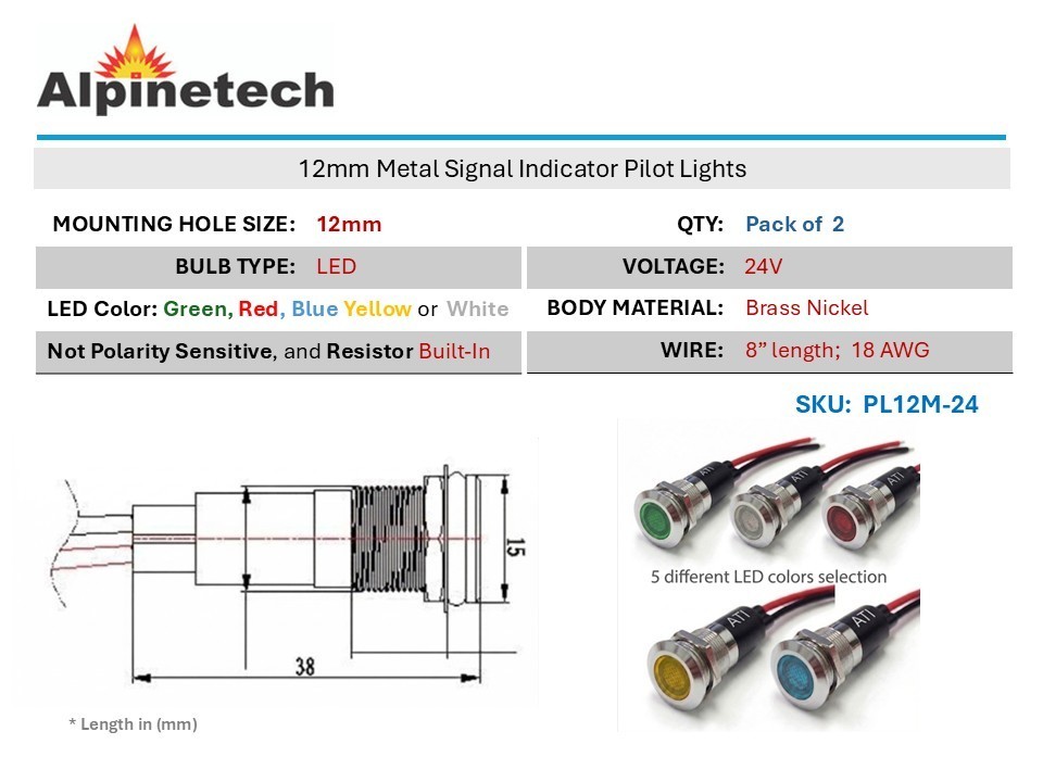 Alpinetech 2PCS PL12M  12mm 24V AC/DC LED Metal Indicator Pilot Dash Light
