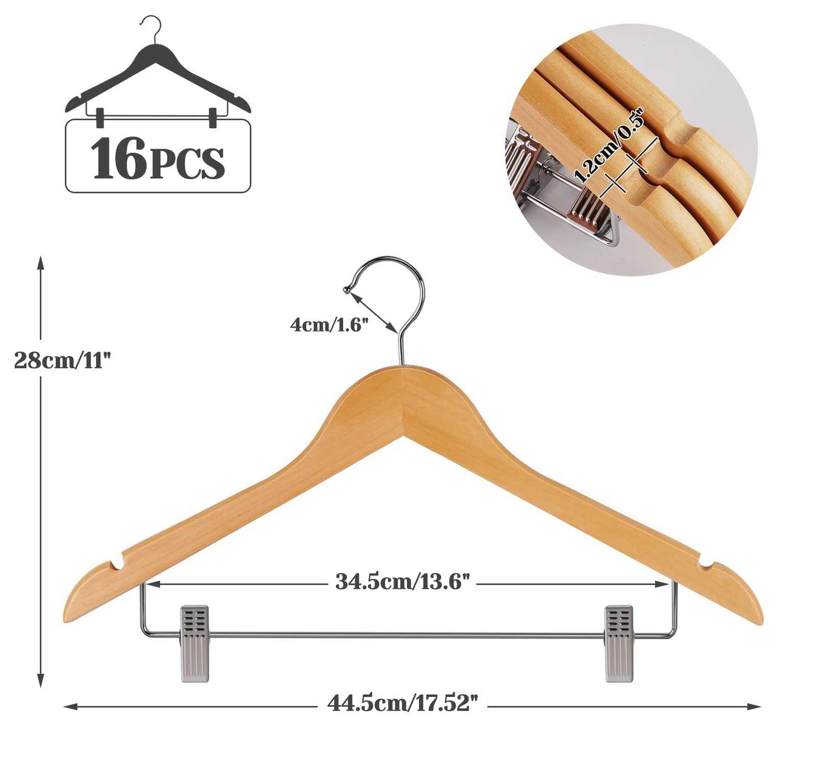 16Pack Wooden Hangers Skirt Hangers with Clips, Solid Wood Pants Hangers Natural