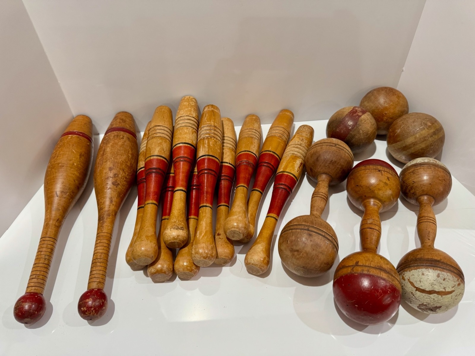 Vintage Wooden Indian Clubs Dumbbells and Exercise Balls Physical Culture Lot