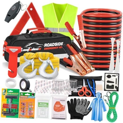 Car Roadside Emergency Kit – Premium, with Jumper Cables, Tow Strap, etc