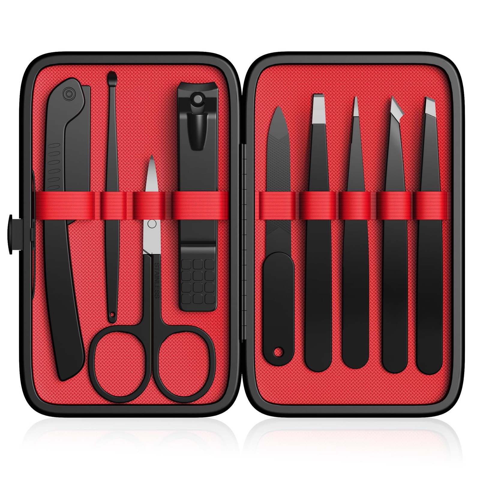 Yougai Tweezers Set,9 Pcs Professional Stainless Steel Black and Red-01