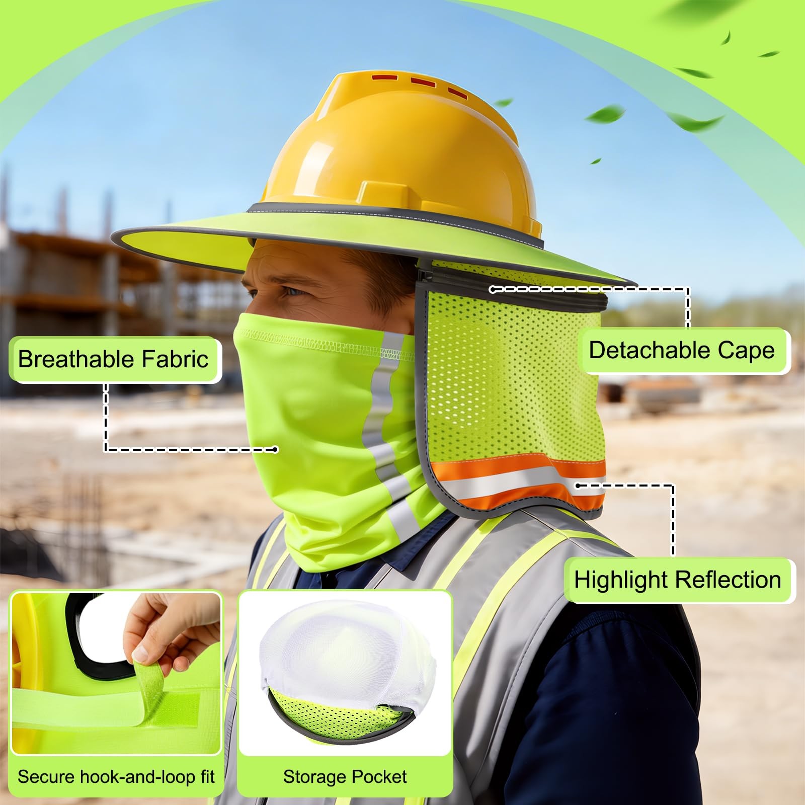 2 Set Hardhat Sun Shade, Hard Hat Visor Shade Full 18.5*18.5", Yellow-2PC