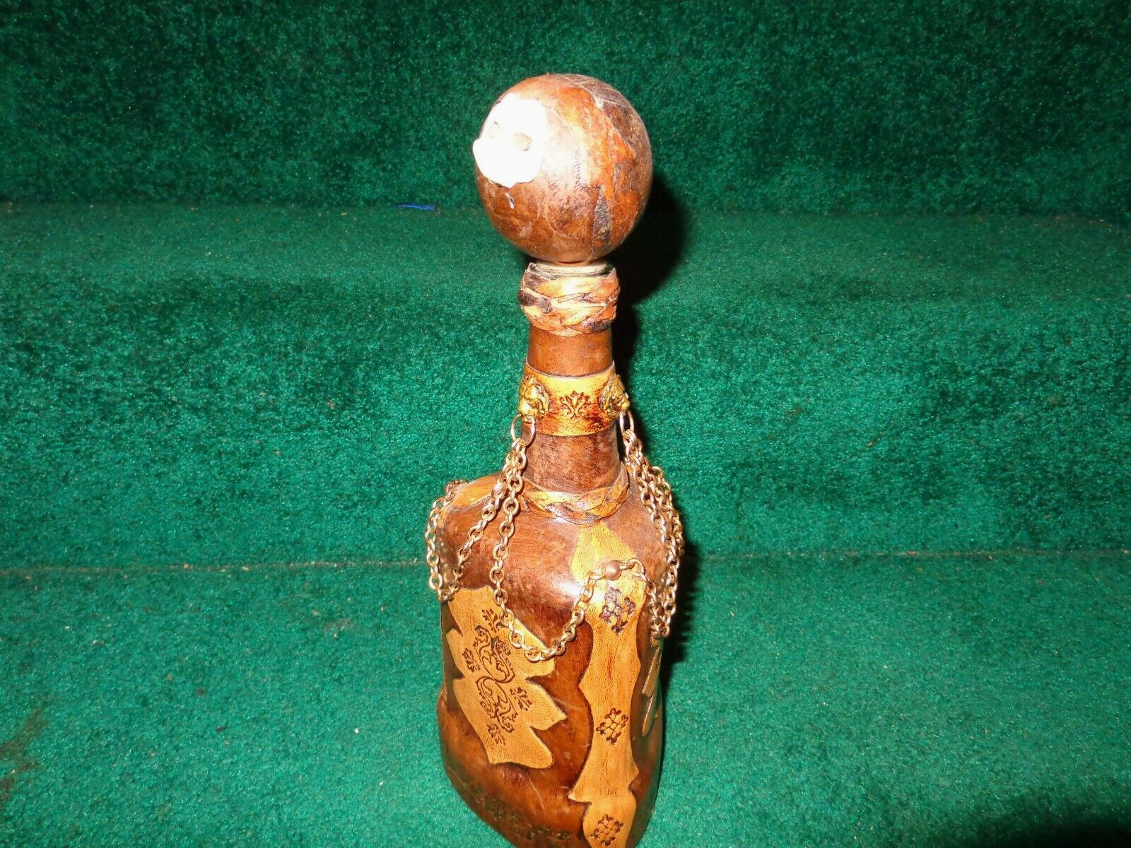 LARGE ANTIQUE LION HEAD LIQUOR- WINE  BOTTLE HAND MADE LEATHER WRAPPED 13in #366