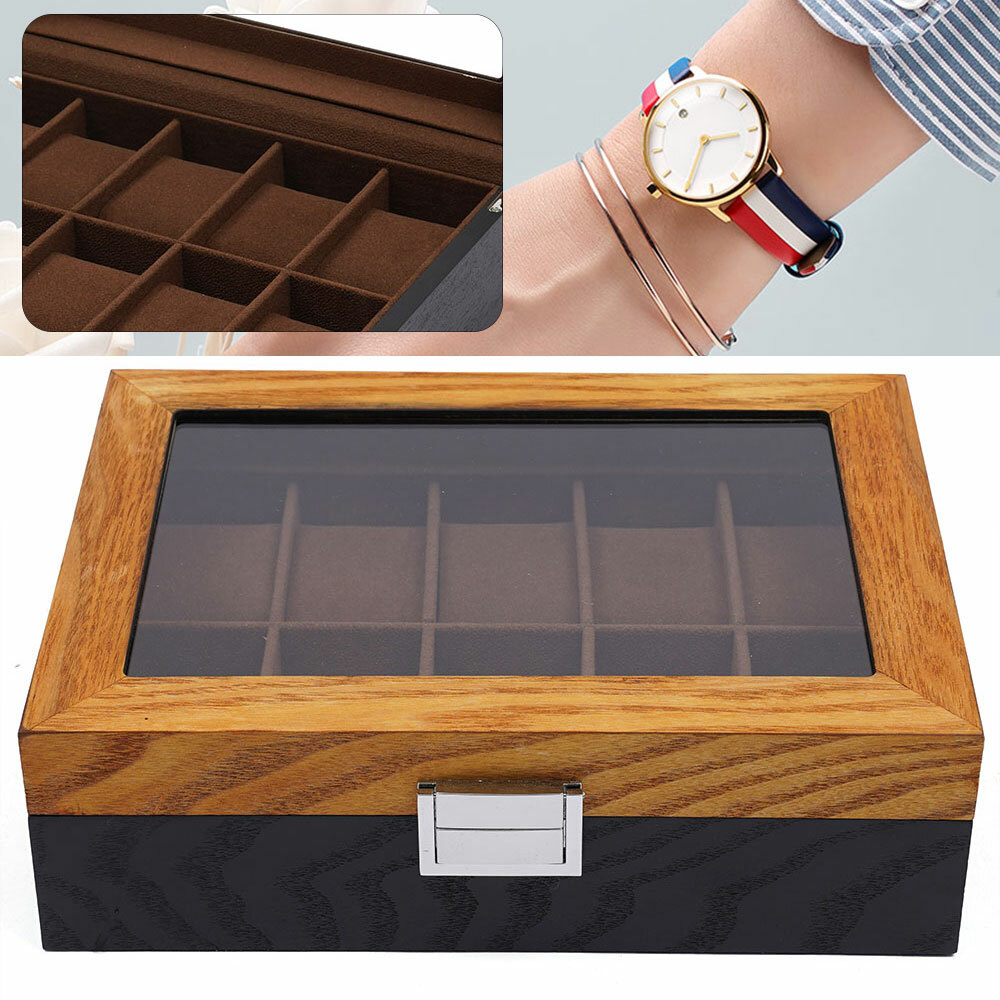 Mens 10 Grids Wooden Watch Display Case Collection Storage Holder Cases W/Lock