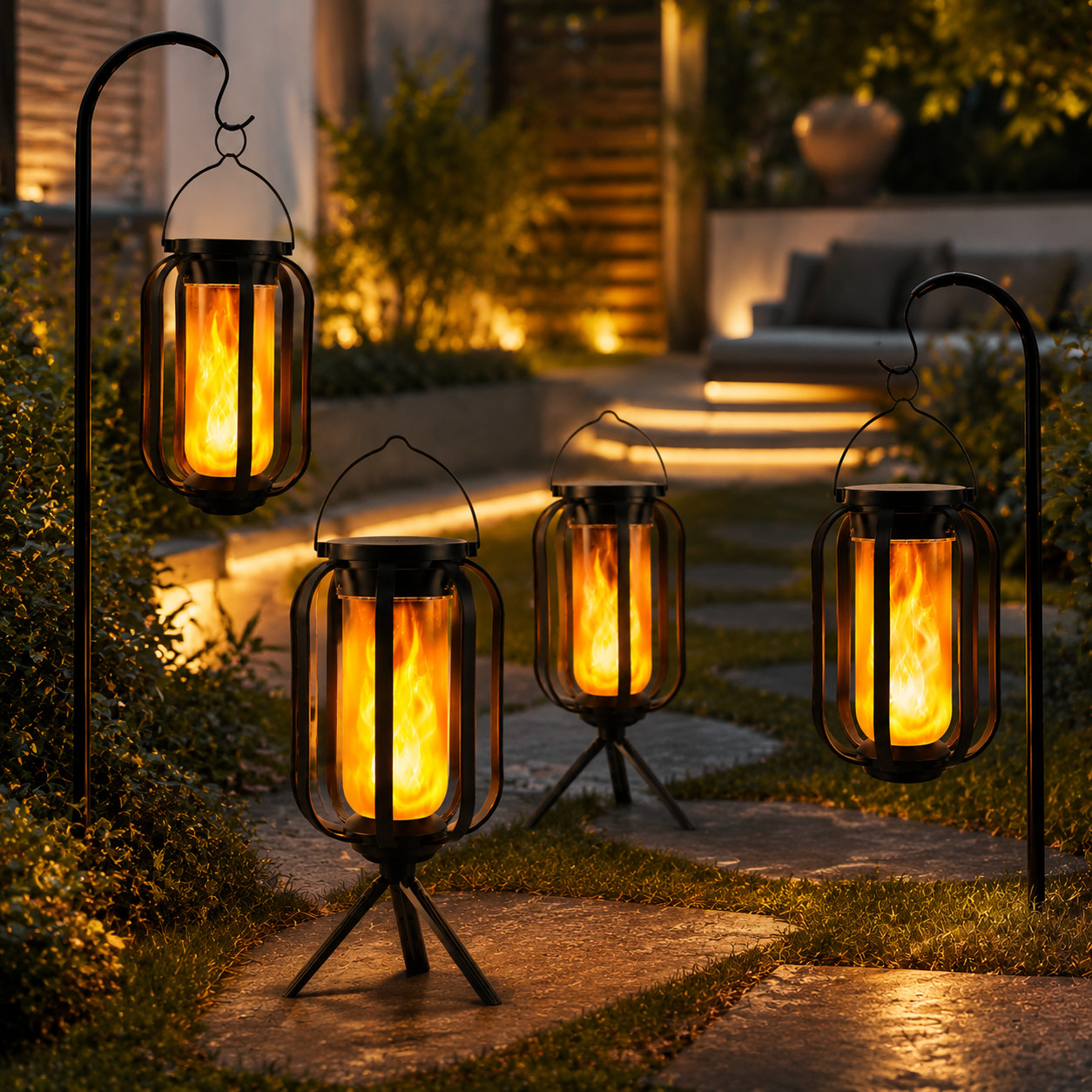 4X Rechargeable Solar Powered Lantern Outdoor Lamp Waterproof Flame Lights Decor