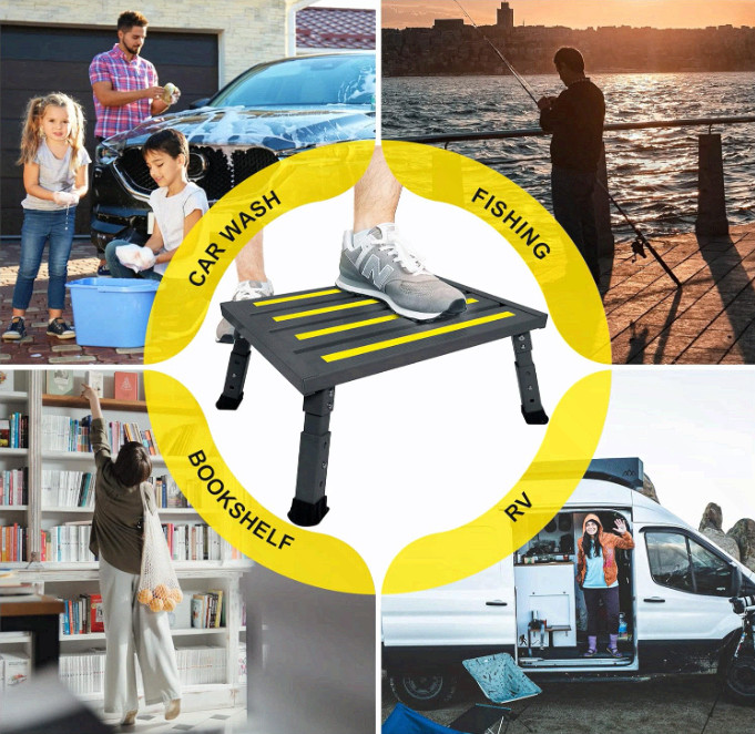 Foldable adjustable RV step, non-slip, supports 1000 lb, portable