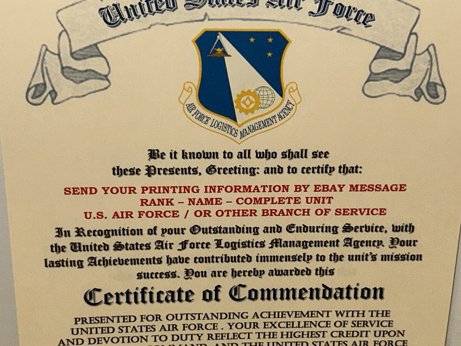 U.S.A.F. / AIR FORCE LOGISTICS MANAGEMENT AGENCY - CERTIFICATE OF COMMENDATION