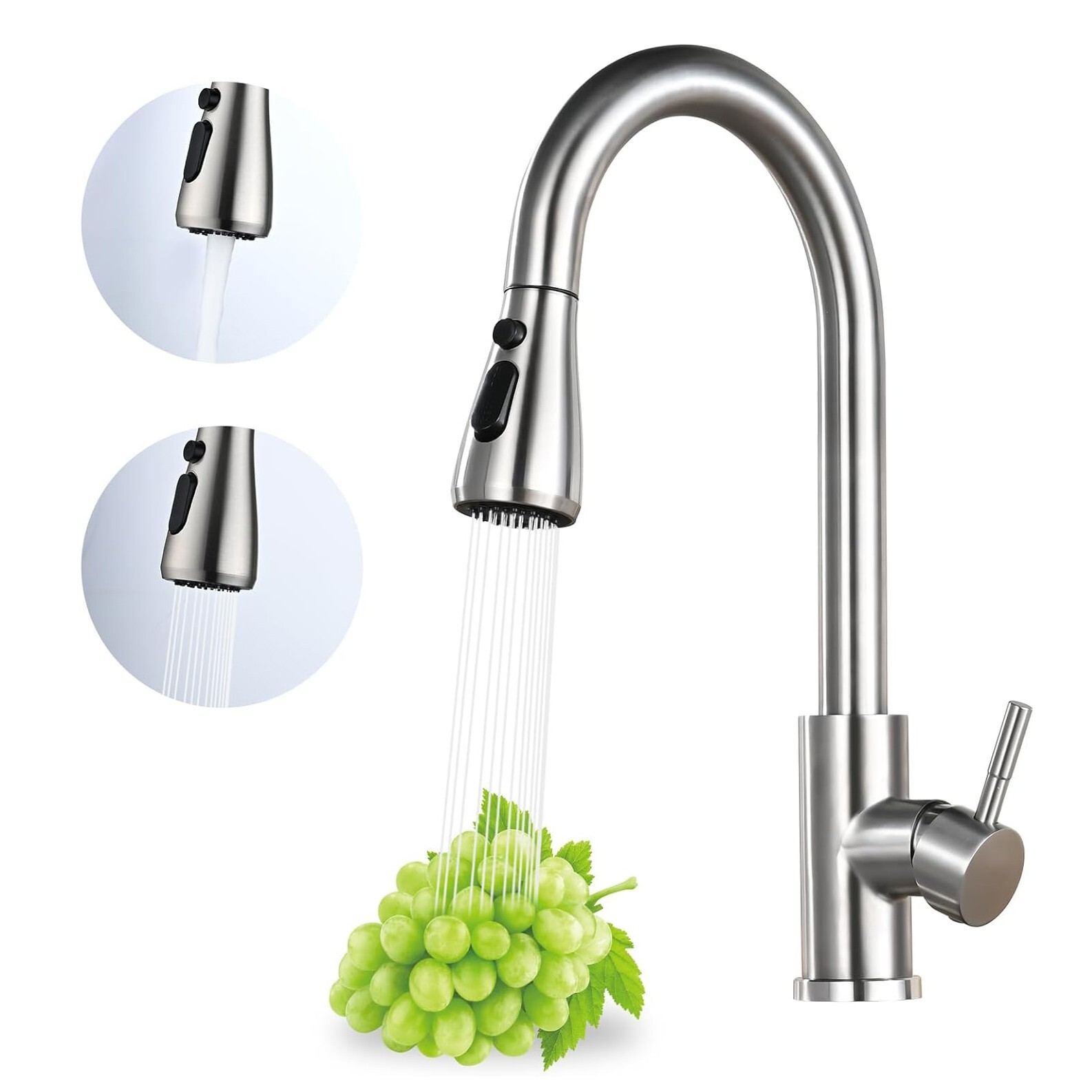 Brushed Nickel Kitchen Sink Faucet 1 Hole with Pull Down Sprayer High Arc Faucet