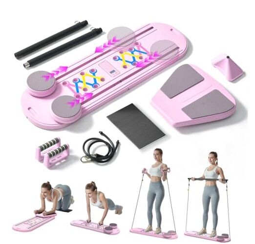 Pilates Board, Foldable Reformer Training Set, 6-in-1 Versatile Kit with Pink