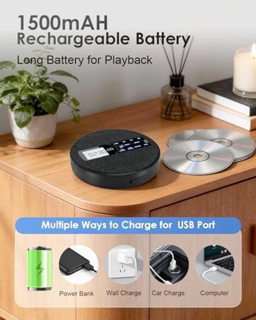 Portable CD Player with Bluetooth & FM Transmitter for Home & Car |