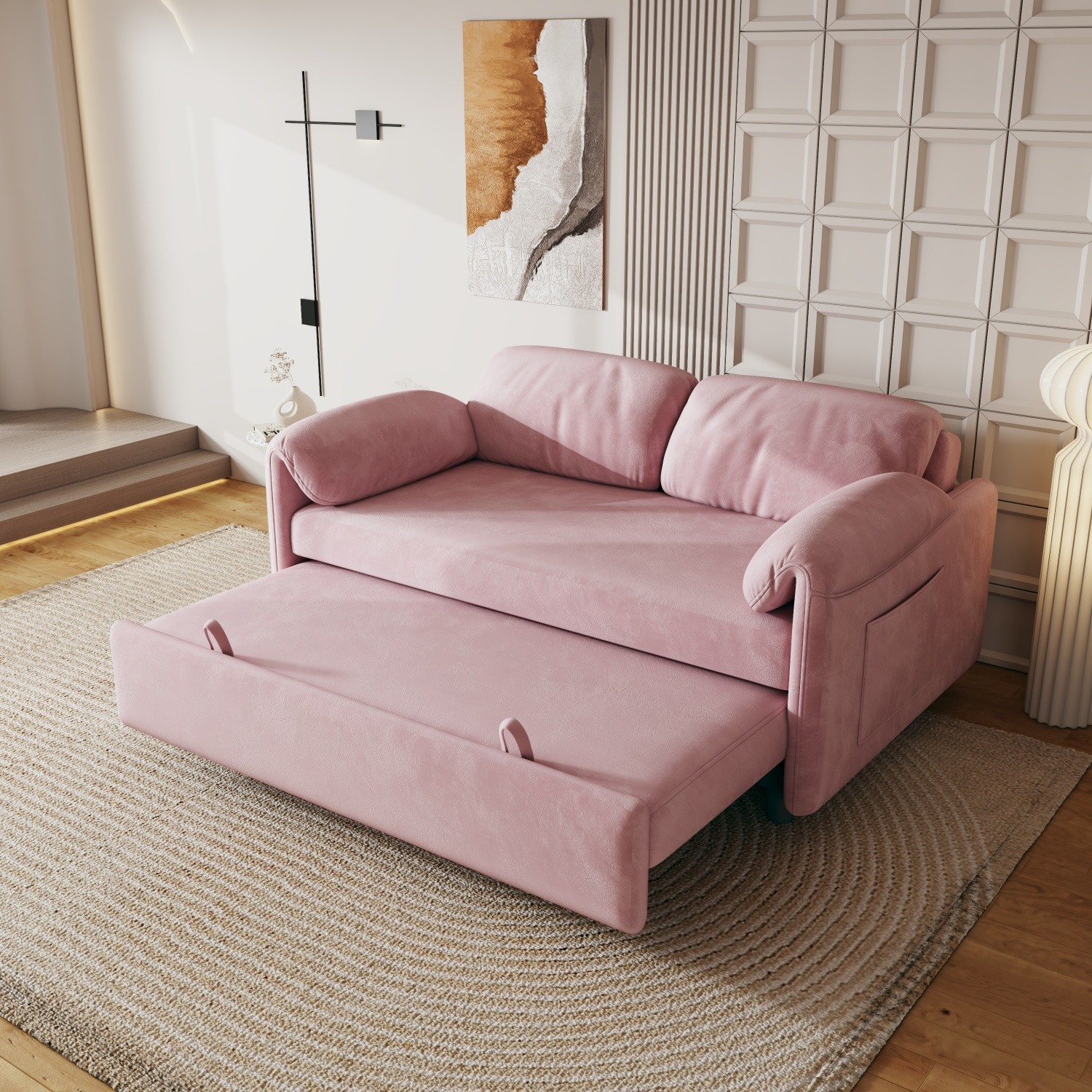 Convertible Sleeper Sofa Bed Velvet Loveseat 2-Seater Sofa w/ Pull Out Bed