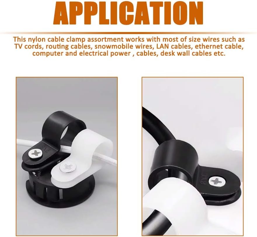 ISPINNER 180pcs Nylon Plastic R-Type Cable Clamps, 1/4" 5/16" 3/8" 1/2" White