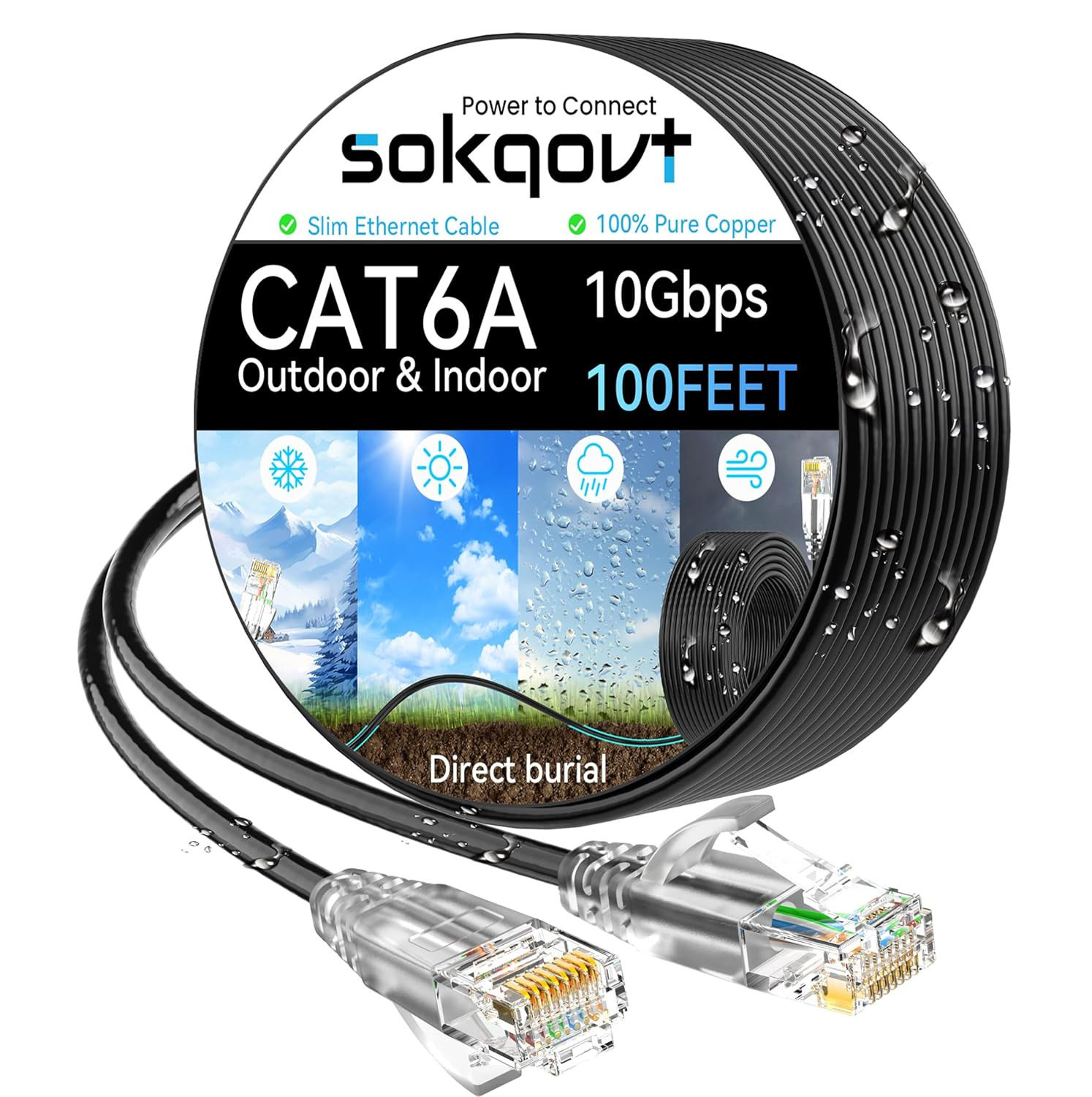 Cat6A Ethernet Cable 100ft Slim Outdoor Indoor 10Gbps Waterproof LAN Cable