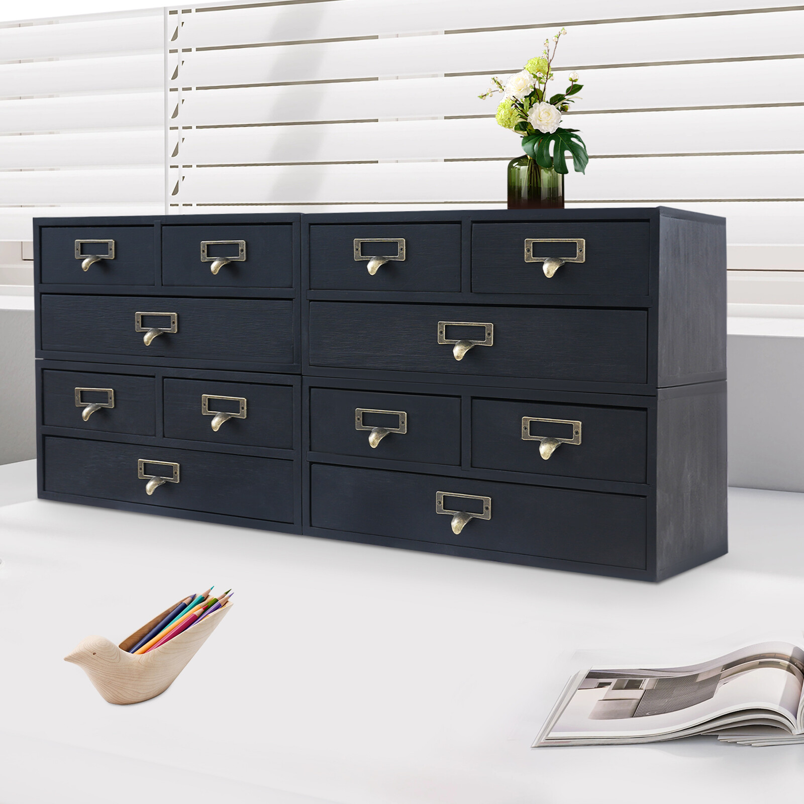 4 Pack 3 Drawer Wooden Desktop Organizer Drawer Storage Box For Tabletop- Black
