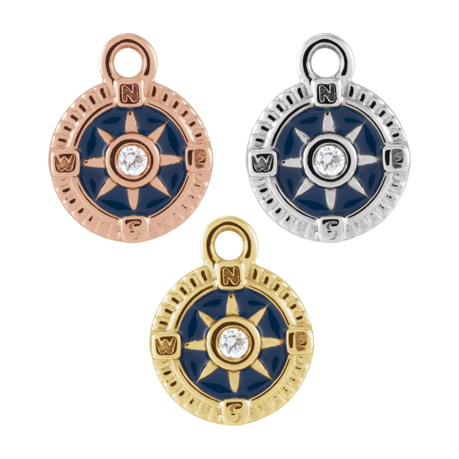 14K Solid Gold Petite Pavé™ .01 CT Natural Diamond Blue Enamel Compass Dangle
