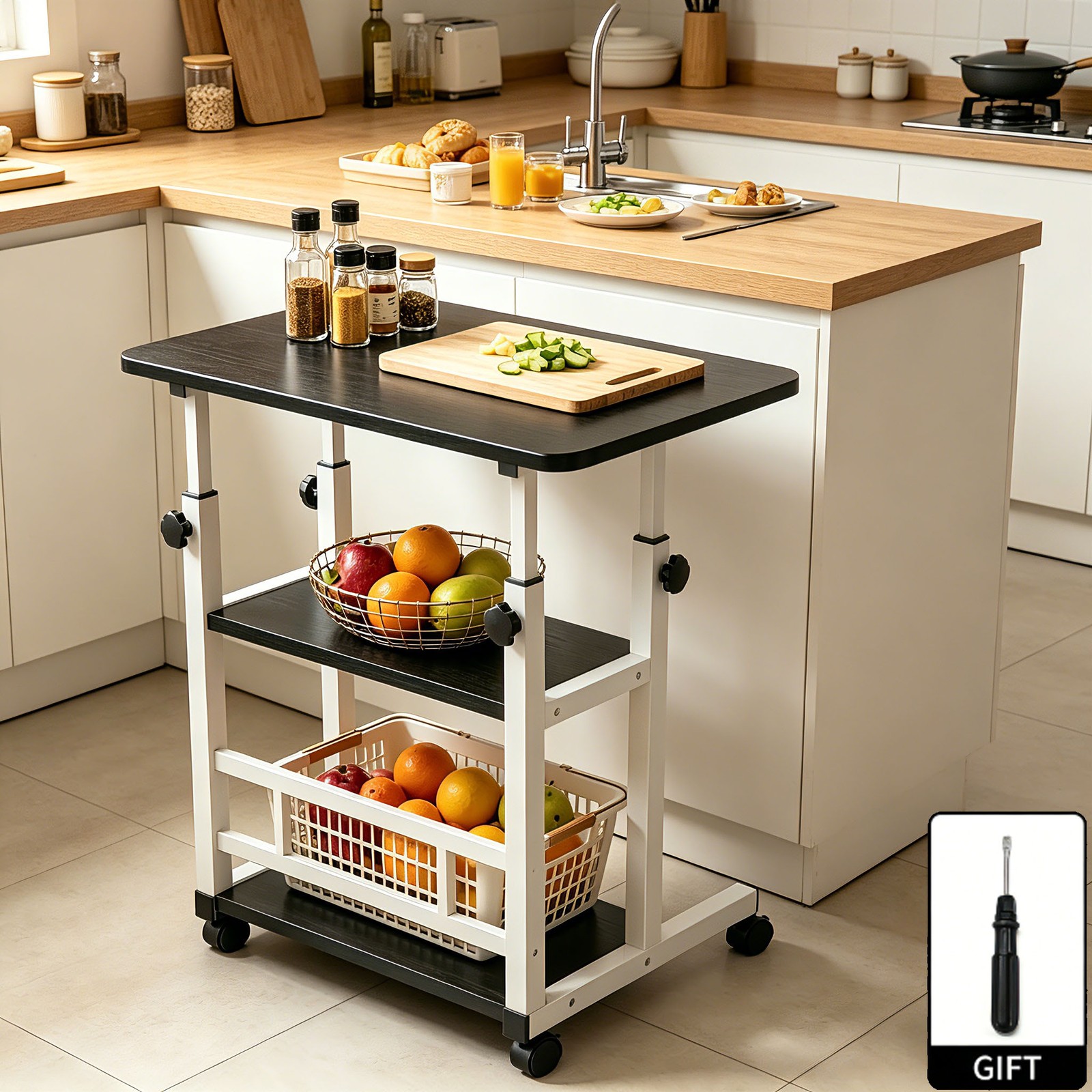 Kitchen Storage Cart w/ Wheels Rolling Kitchen Island Cart Mobile 3Tier BLACK