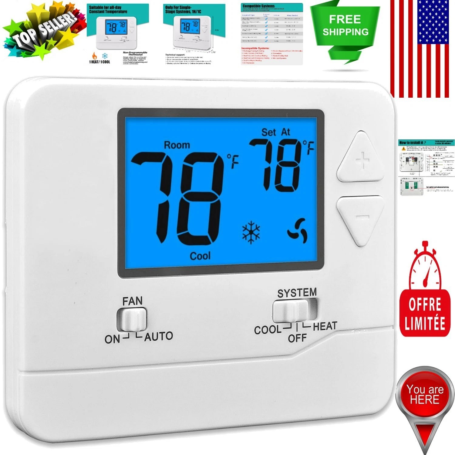 Non-Programmable Digital Thermostat with Clear Blue Backlight & Control Features