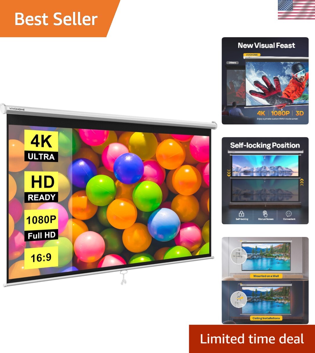 Portable 80 Inch White Projector Screen - 4K Ready for Movies & Presentations
