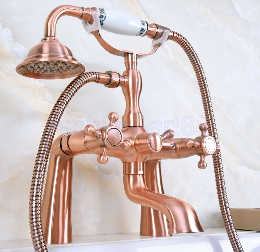Antique Red Copper Deck Mount ClawFoot Bath Tub Faucet With Hand Shower fna161