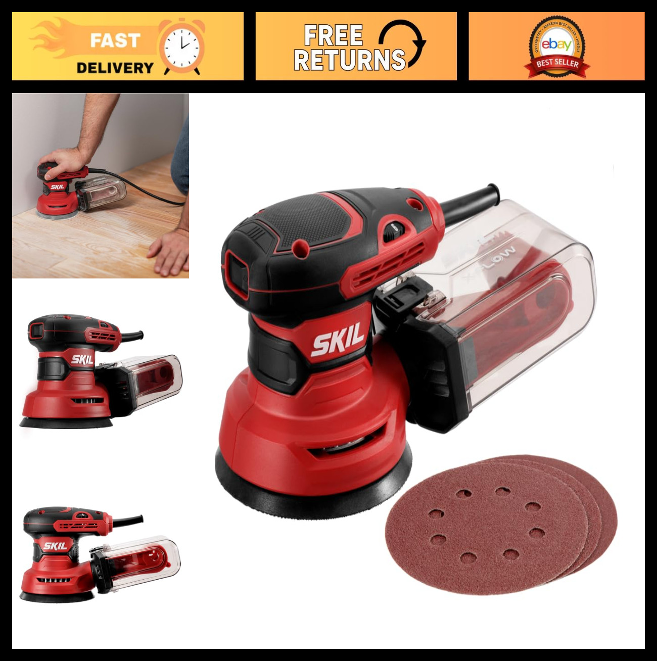5” Random Orbital Sander with Cyclonic Dust Collection & 3 Sanding Sheets - Mult