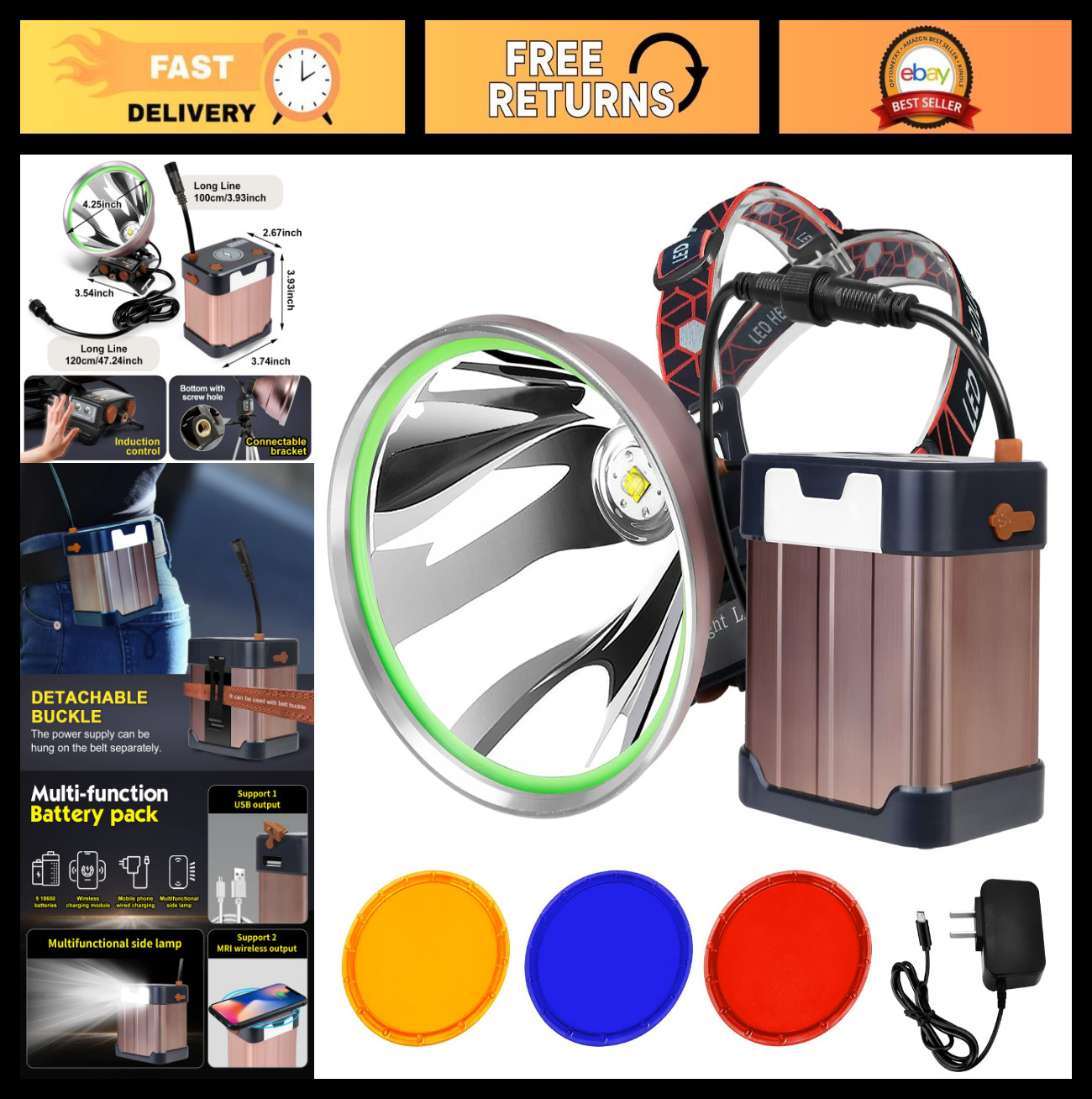 High Power LED Headlamp - Super Bright 22000mAh Rechargeable Waterproof Torch fo