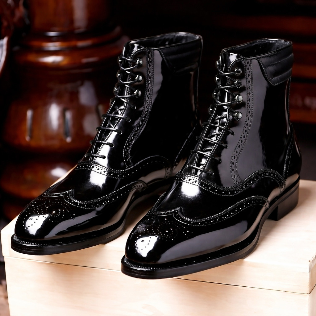 Customized Handmade Black Wingtip Lace Up High Ankle Boots For fish812