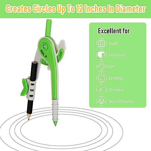 Student Geometry Math Set, Drawing Compass and 6 Inch Clear Swing Arm Green