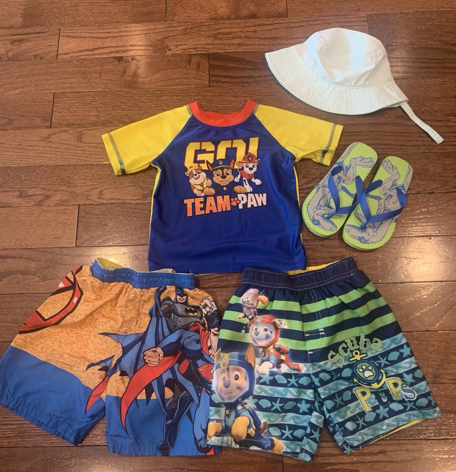 Lot Of 5 Boys Swim Paw Patrol/Marvel Shorts 2T, Bucket Hat, Flip Flops 11/12