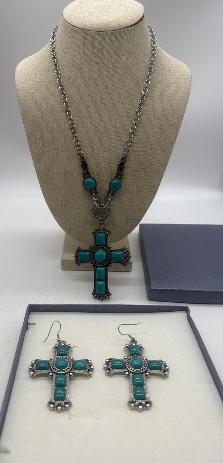 Turquoise Vintage Set Cross Necklace and Earrings