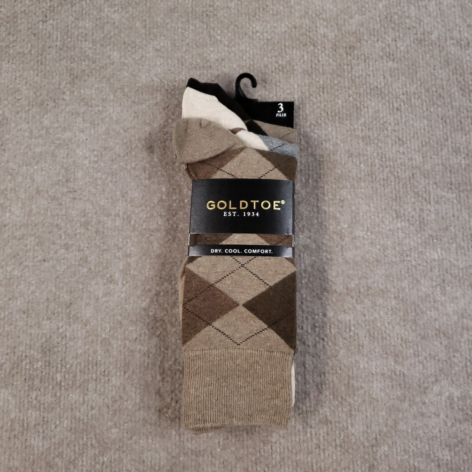 GOLDTOE AquaFX Carlyle Argyle Crew Socks Mens Size 6-12.5 Brown Beige 3 Pairs