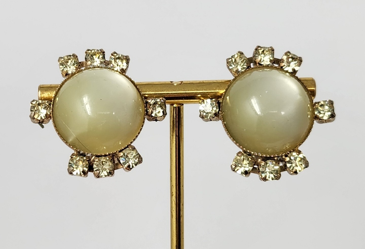 Pale Yellow Lucite Moonglow Cabochon Clip-on Earrings w/ Rhinestones Vintage