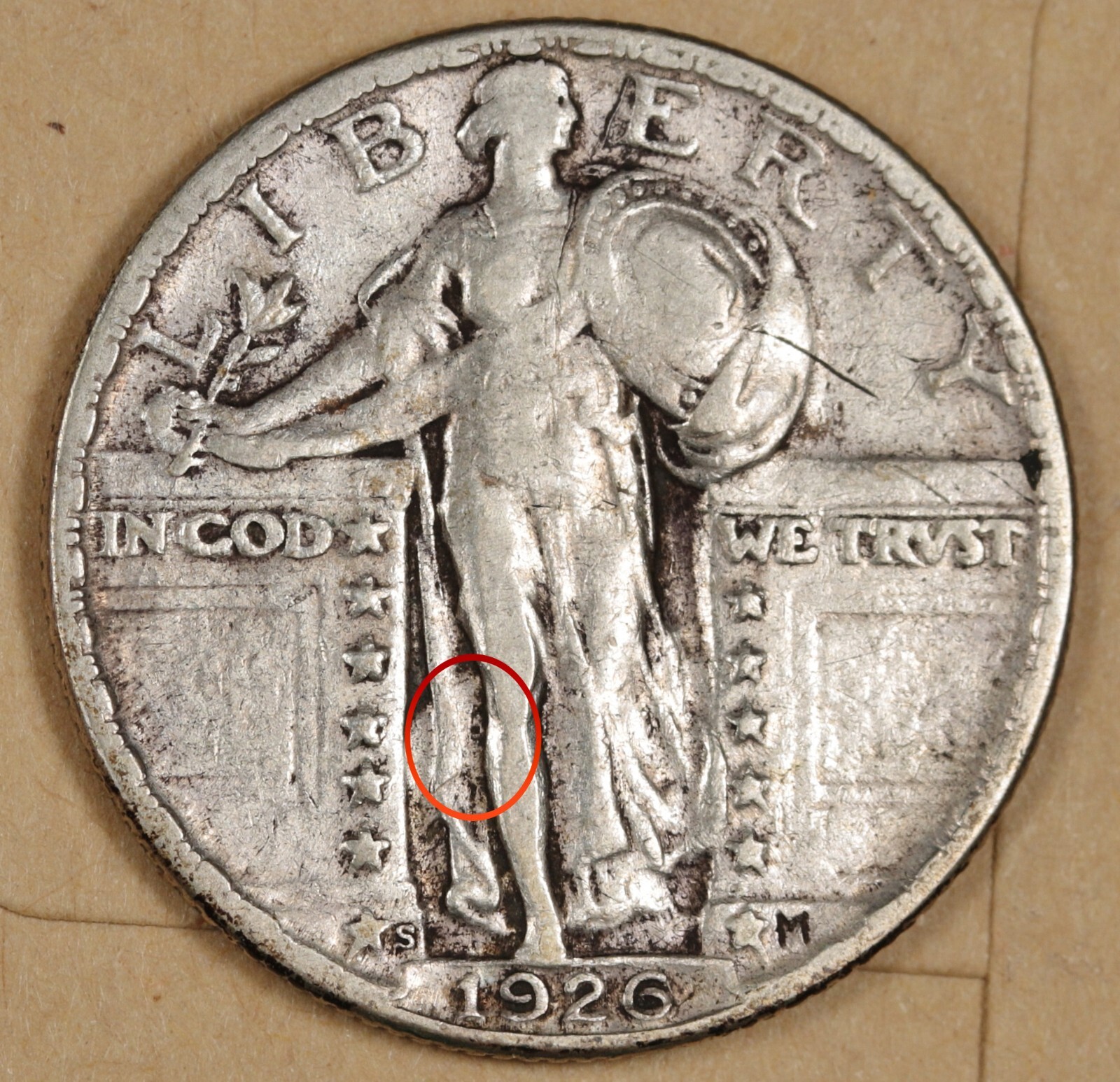 1926-s Standing Liberty Quarter.  Clashed "E".  VF-XF.  189582