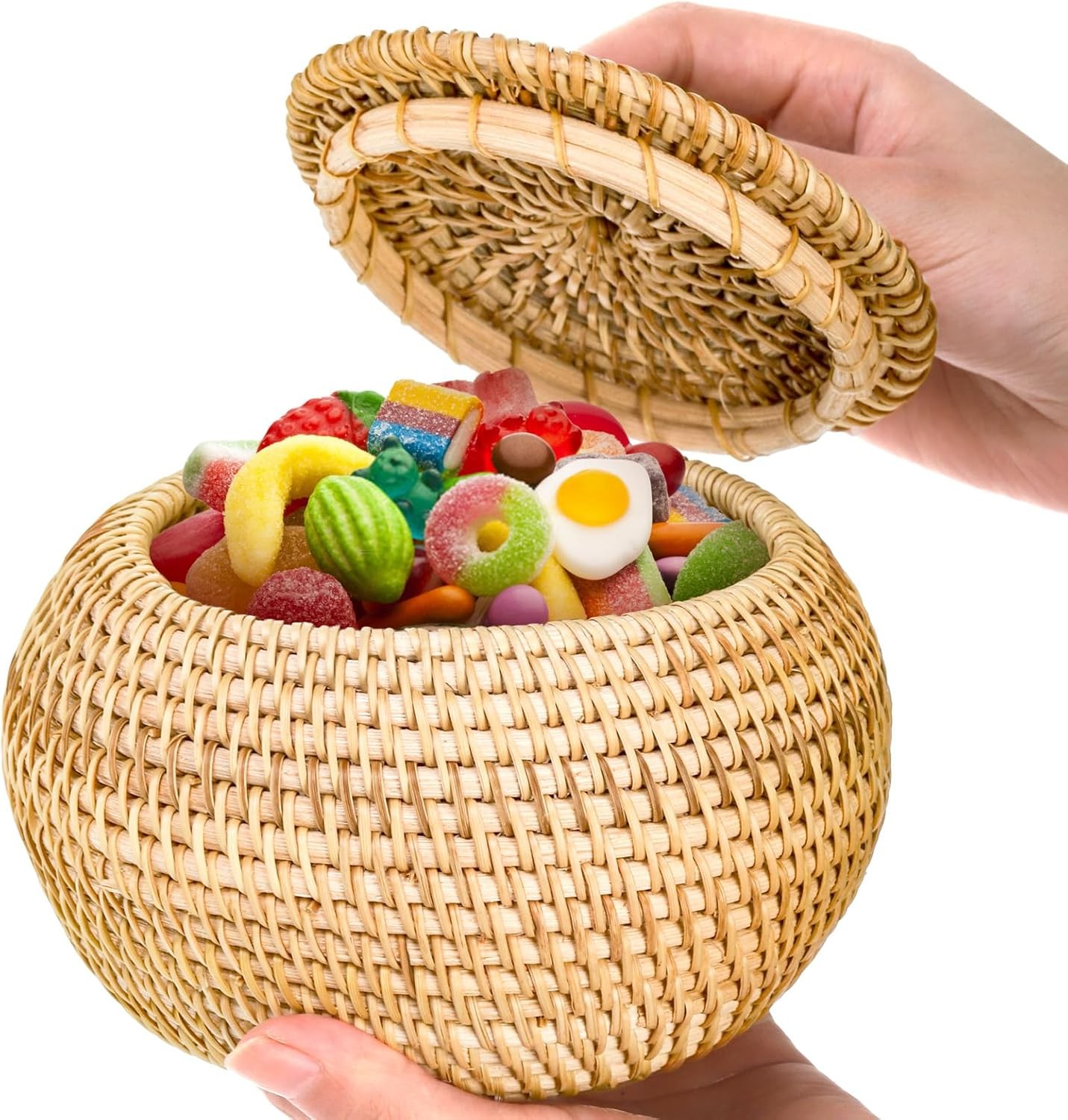 Round wicker basket box with lid, small handmade woven storage basket,