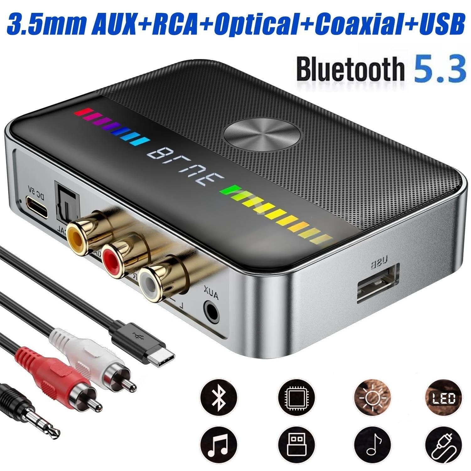 Bluetooth 5.3 Transmitter Receiver 3.5mm AUX RCA TV Home Stereo Audio Adapter