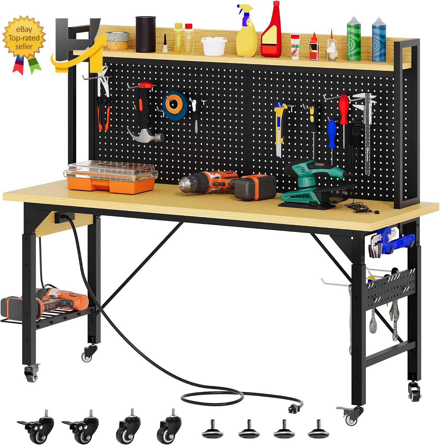60In Adjustable Workbench with Pegboard & Wheels 1600Lb Load Rolling Work Table