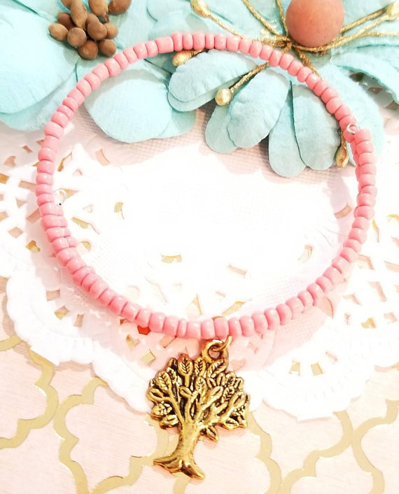 Memory Wire Bracelet, Tree of Life Beaded Bracelet, Beaded Coil Bracelet, Handma