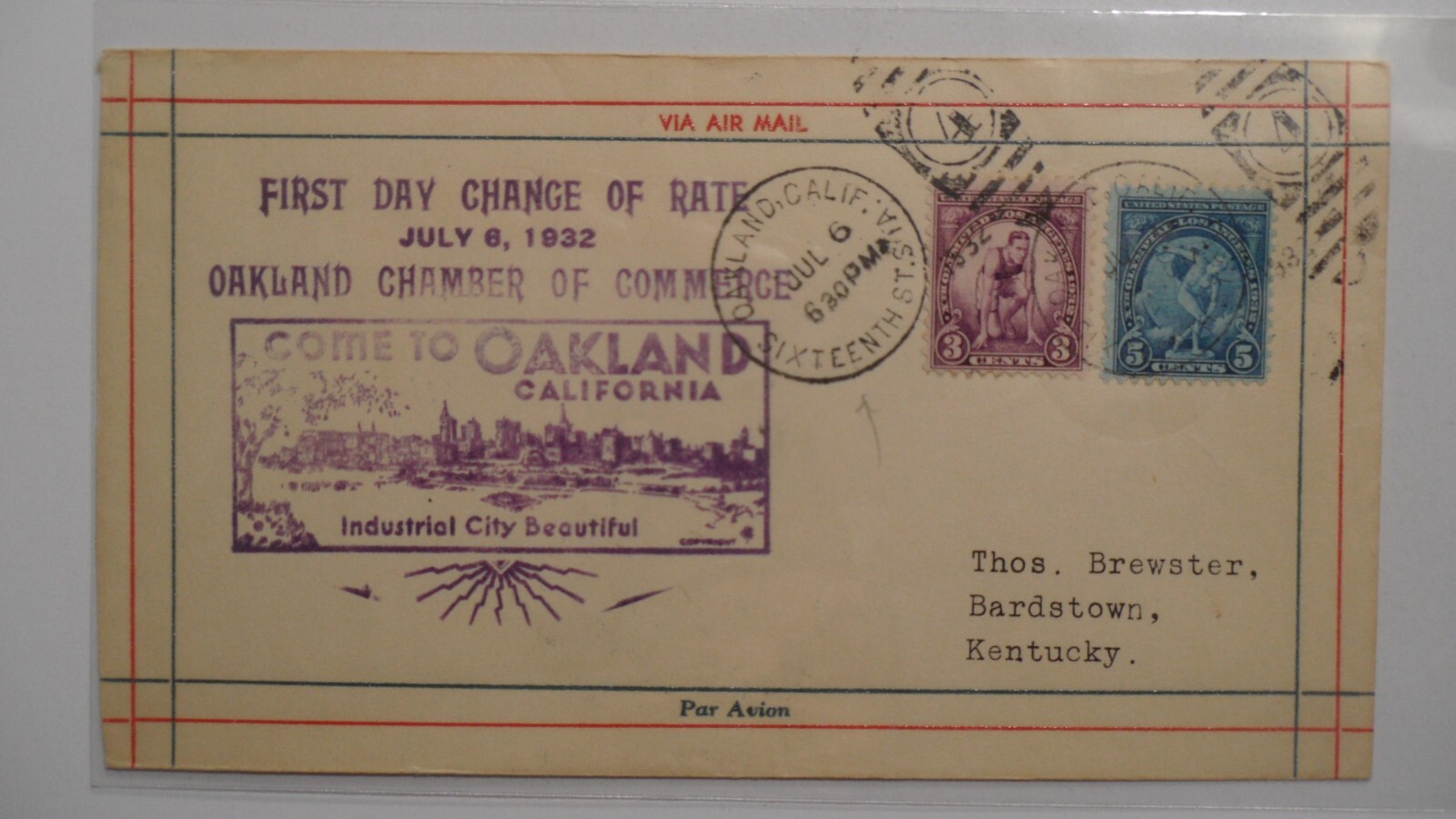 STAMPMART : USA 1932 OAKLAND CA AIRMAIL FIELD RATE CHANGE FANCY COVER USED TO KY